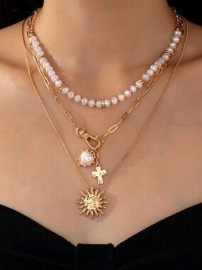 NWT Josslyn Multi Beaded Layer Sun Heart Cross Charm Necklace Gold Tone Boho